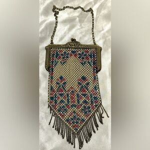 Vintage Art Deco Mandalian Enamel Mesh Purse Bag 1920s Floral Flapper USA